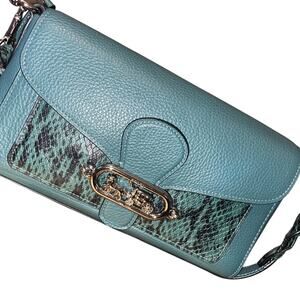Coach Jade Shoulder Bag Piecing Teal Sage Snake Embossed Horse Carriage EUC
